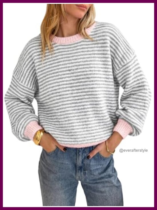 Sweaters - Striped Color Block Knit Pullover Sweater Loose Fit Crewneck Long Sleeve